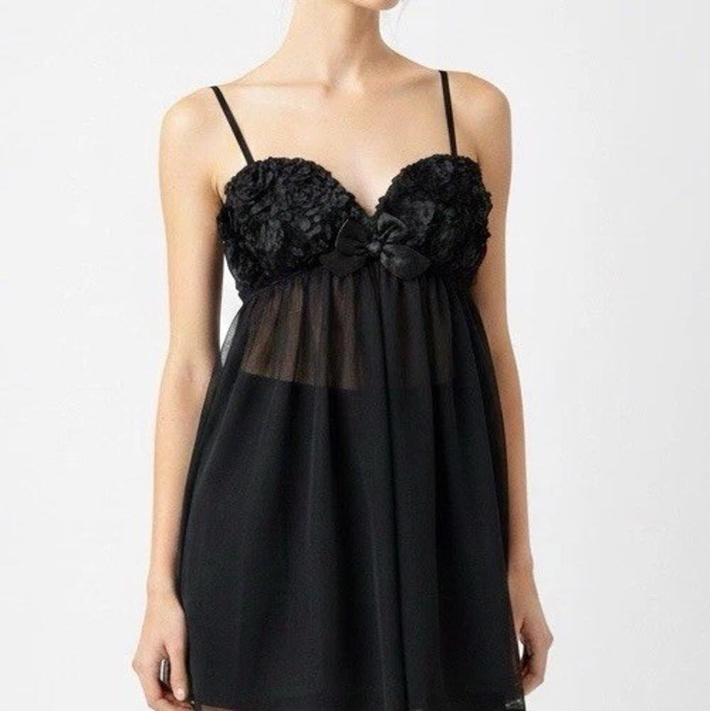 Black Lingerie Sheer Whimsigoth Babydoll Y2K Strappy Top Long Bow Fairy Grunge
